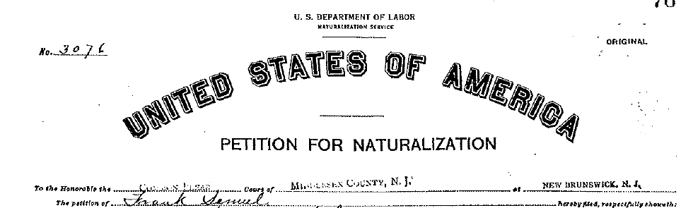 Heading and petitioner name on Frank Samul's petition for naturalization.